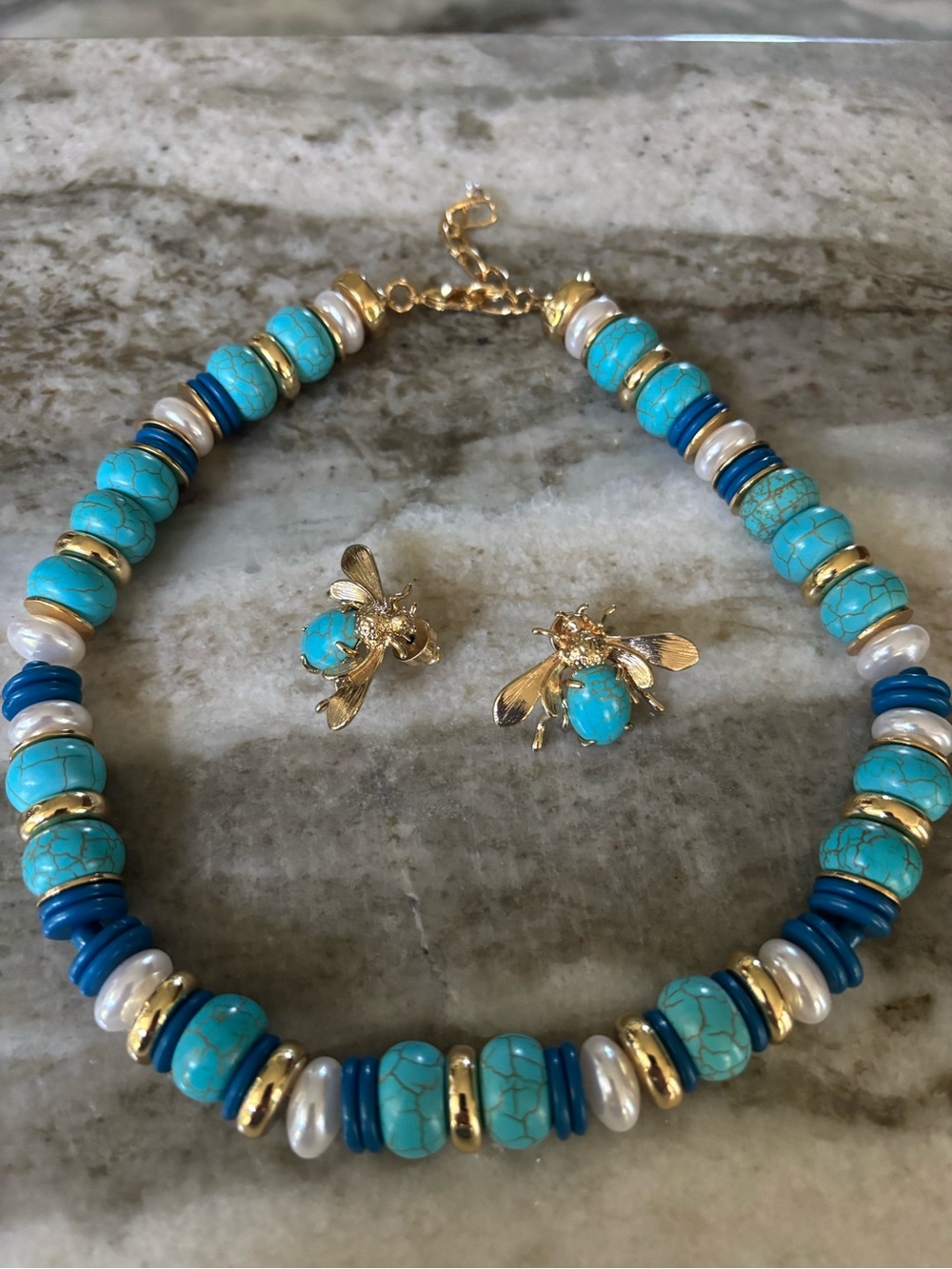 Turquoise & Gold Beaded Necklace with Bee Stud Earrings